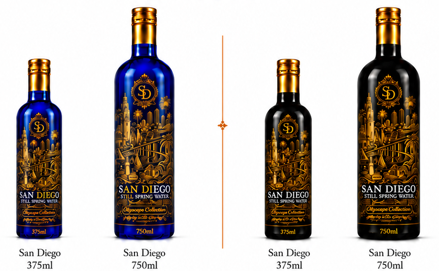 CityScape San Diego limited edition glass bottles — 375 ml and 750 ml in cobalt blue and matte black
