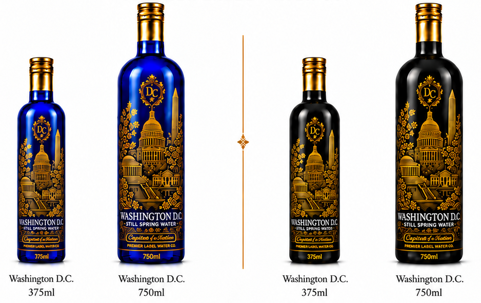 CityScape Washington D.C. limited edition glass bottles — 375 ml and 750 ml in cobalt blue and matte black