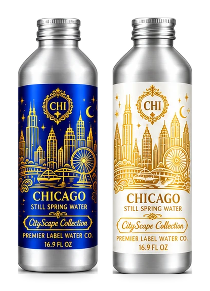 CityScape Chicago 16 oz aluminum bottles: Signature Label and White Label with Gold Lettering