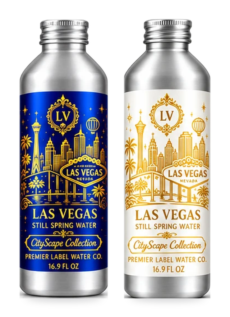 CityScape Las Vegas 16 oz aluminum bottles: Signature Label and White Label with Gold Lettering