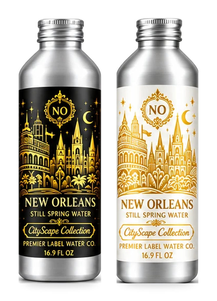 CityScape New Orleans 16 oz aluminum bottles: Signature Label and White Label with Gold Lettering