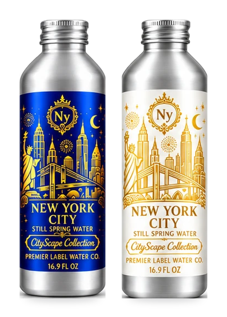 CityScape New York City 16 oz aluminum bottles: Signature Label and White Label with Gold Lettering