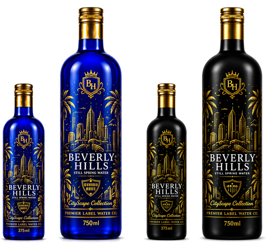 CityScape Beverly Hills limited edition glass bottles — 375 ml and 750 ml in cobalt blue and matte black