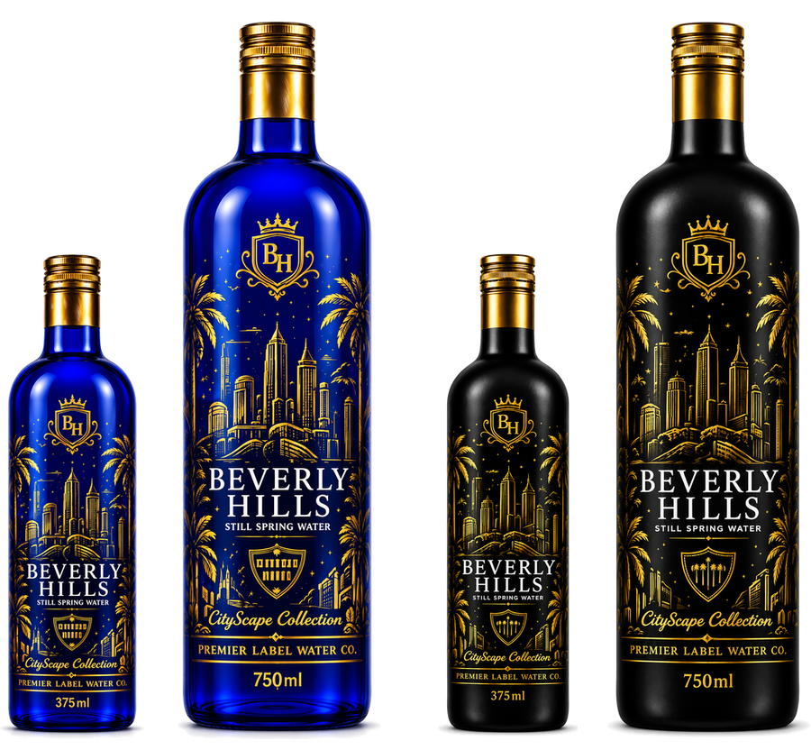 CityScape Beverly Hills limited edition glass bottles — 375 ml and 750 ml in cobalt blue and matte black