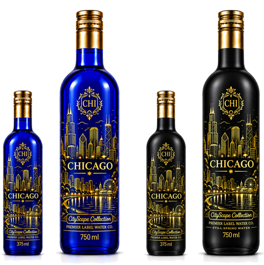 CityScape Chicago limited edition glass bottles — 375 ml and 750 ml in cobalt blue and matte black