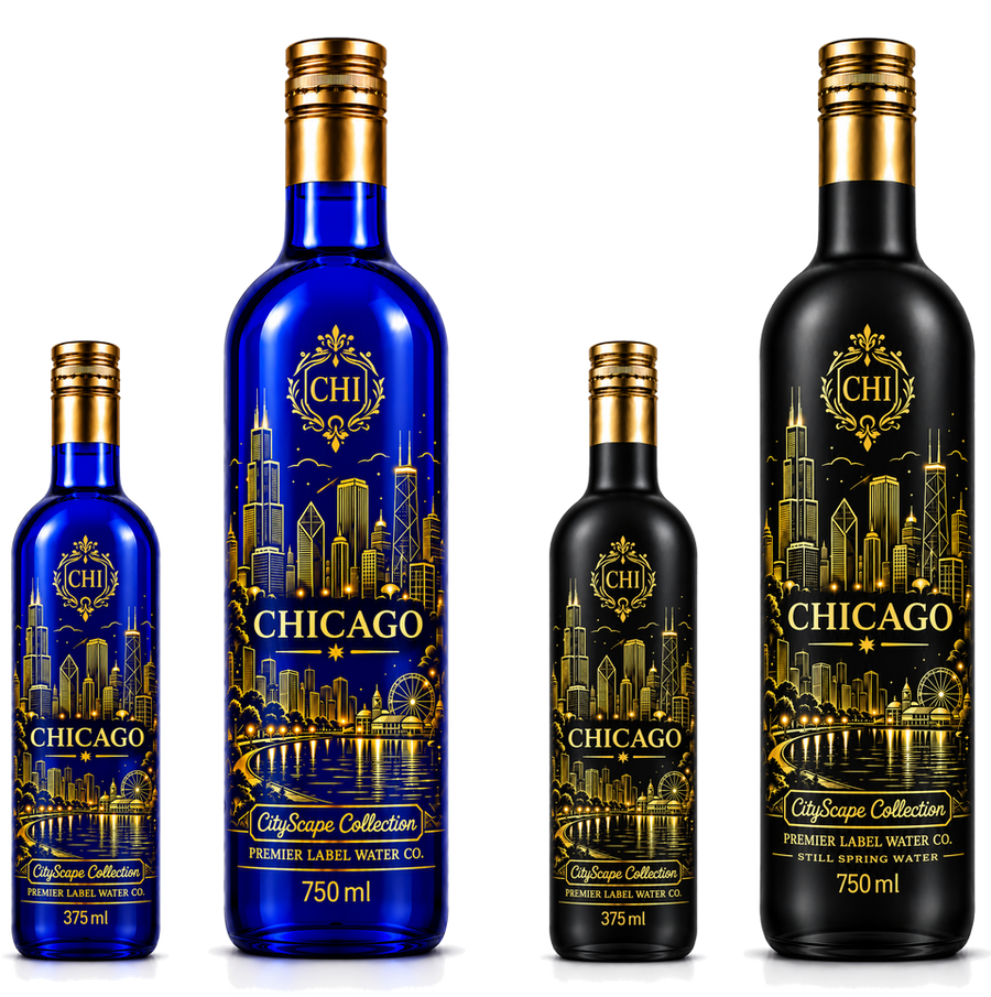 CityScape Chicago limited edition glass bottles — 375 ml and 750 ml in cobalt blue and matte black
