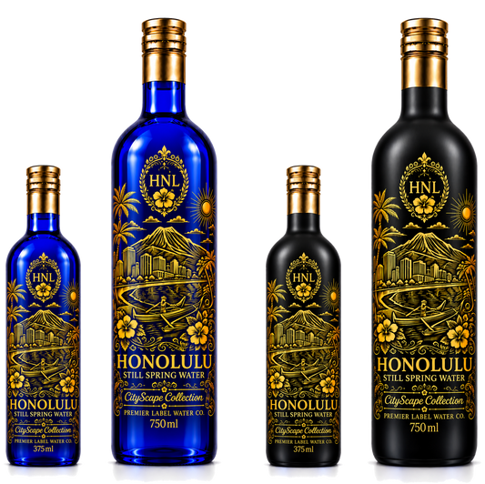 CityScape Honolulu limited edition glass bottles — 375 ml and 750 ml in cobalt blue and matte black