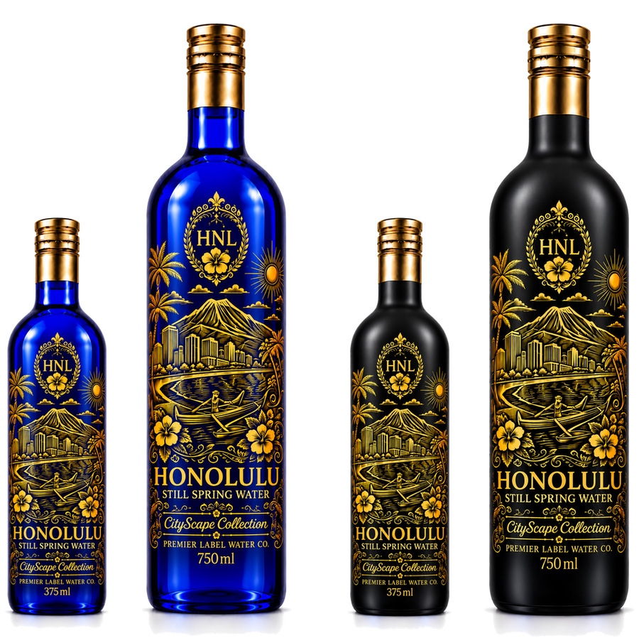 CityScape Honolulu limited edition glass bottles — 375 ml and 750 ml in cobalt blue and matte black