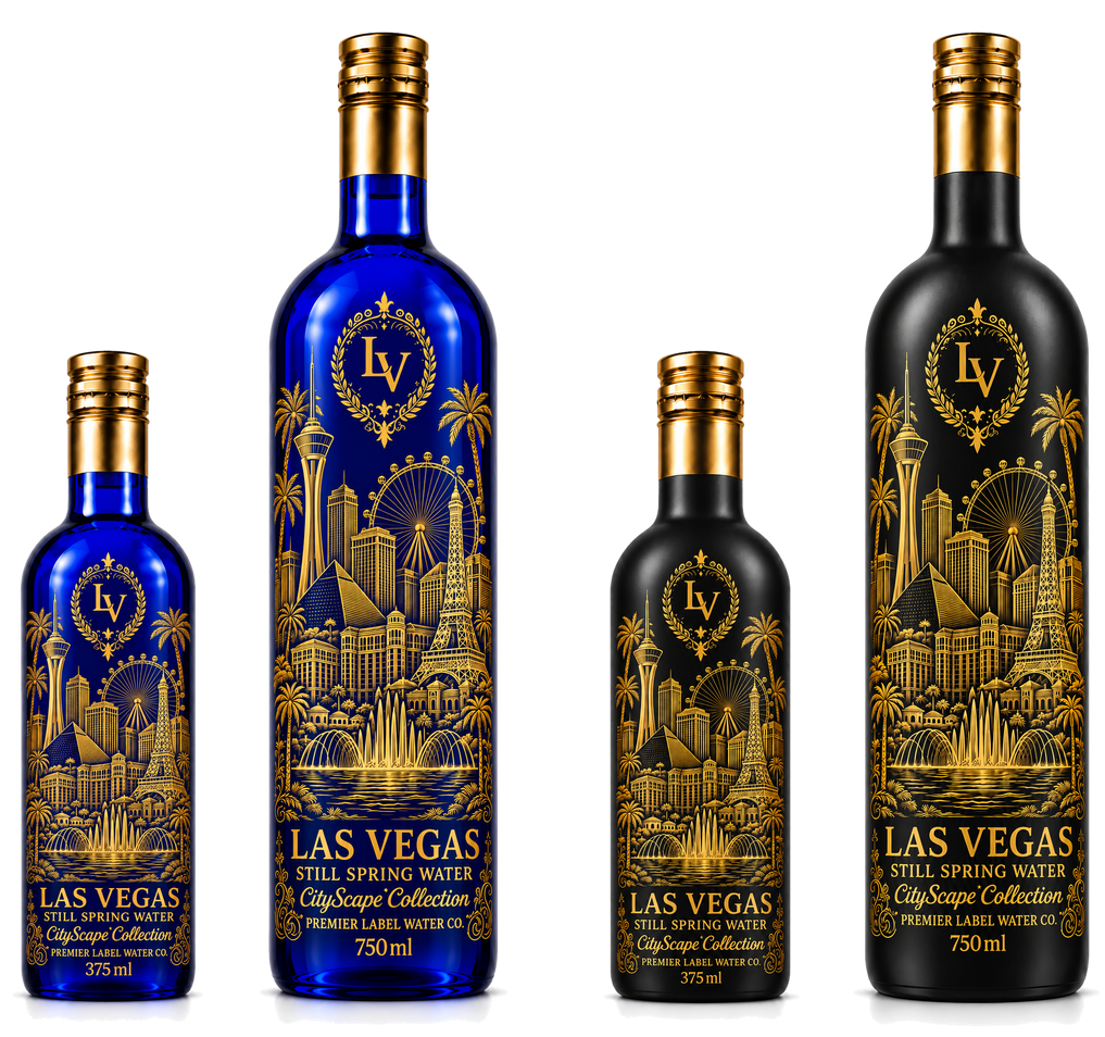 CityScape Las Vegas limited edition glass bottles — 375 ml and 750 ml in cobalt blue and matte black