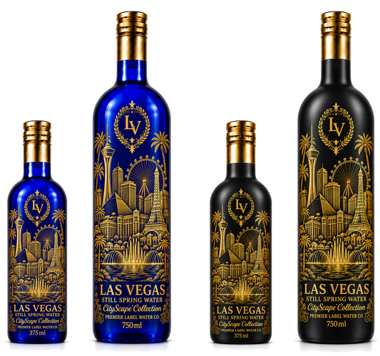 CityScape Las Vegas limited edition glass bottles — 375 ml and 750 ml in cobalt blue and matte black