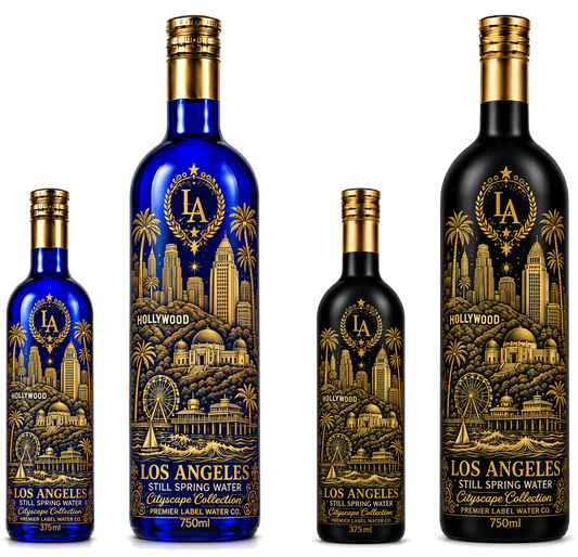 CityScape Los Angeles limited edition glass bottles — 375 ml and 750 ml in cobalt blue and matte black