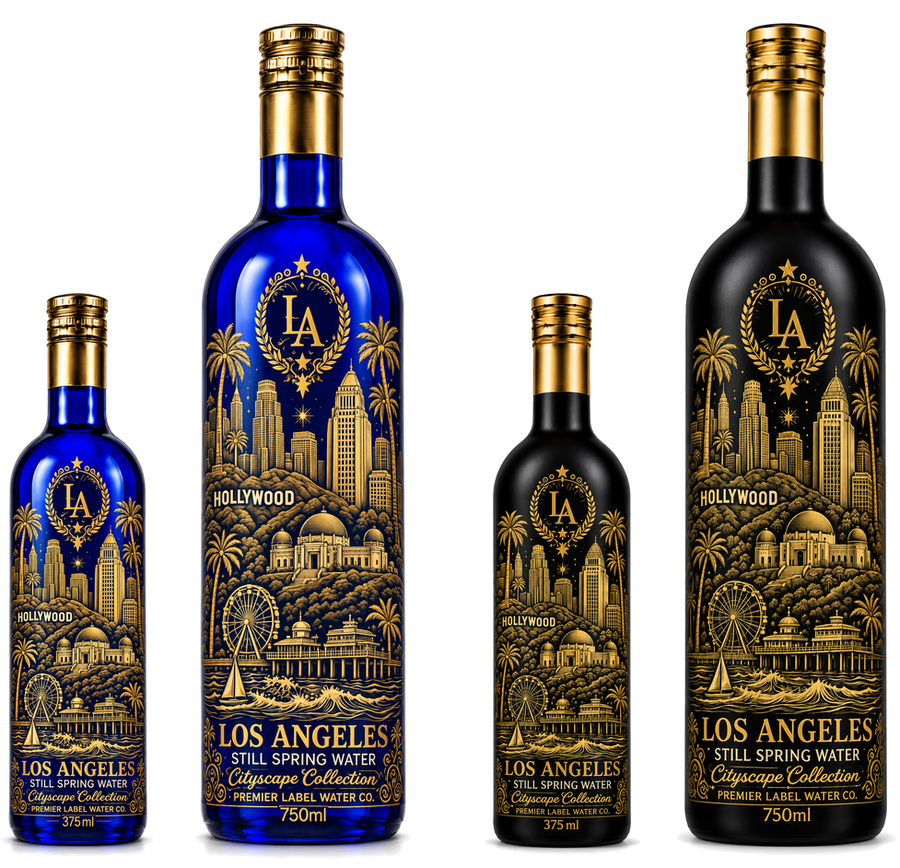 CityScape Los Angeles limited edition glass bottles — 375 ml and 750 ml in cobalt blue and matte black