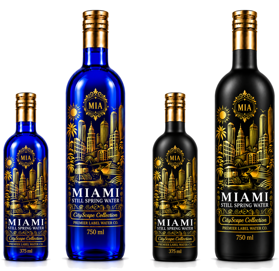 CityScape Miami limited edition glass bottles — 375 ml and 750 ml in cobalt blue and matte black