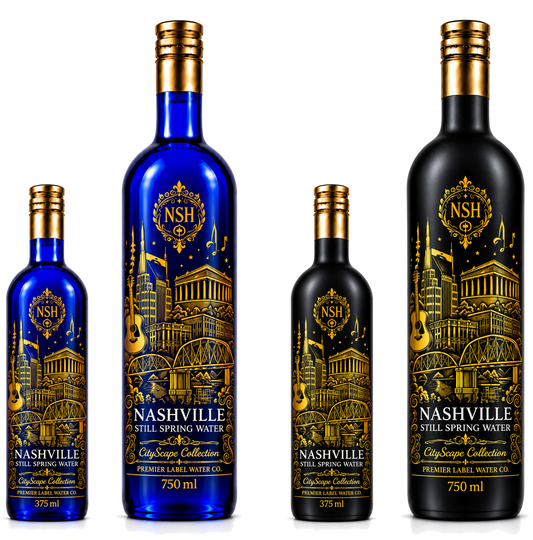 CityScape Nashville limited edition glass bottles — 375 ml and 750 ml in cobalt blue and matte black
