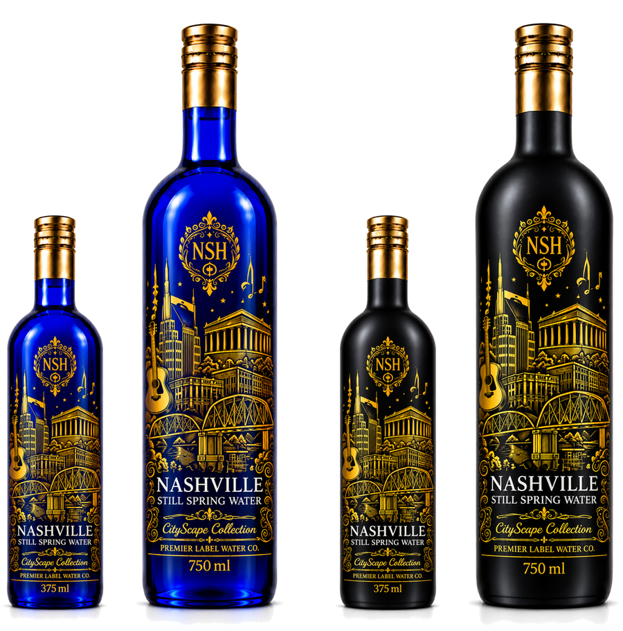 CityScape Nashville limited edition glass bottles — 375 ml and 750 ml in cobalt blue and matte black