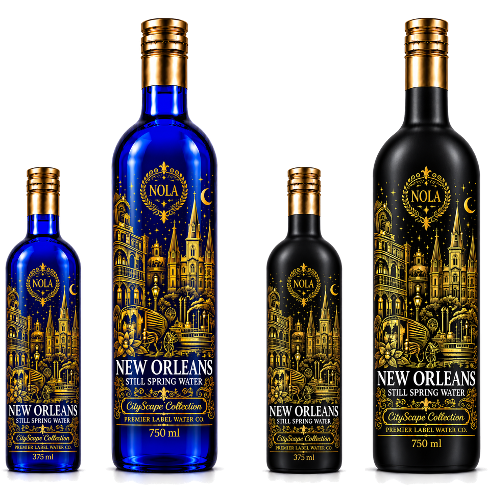 CityScape New Orleans limited edition glass bottles — 375 ml and 750 ml in cobalt blue and matte black