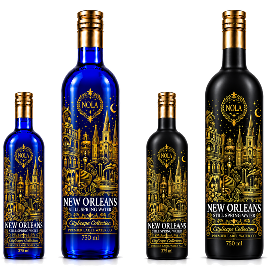 CityScape New Orleans limited edition glass bottles — 375 ml and 750 ml in cobalt blue and matte black