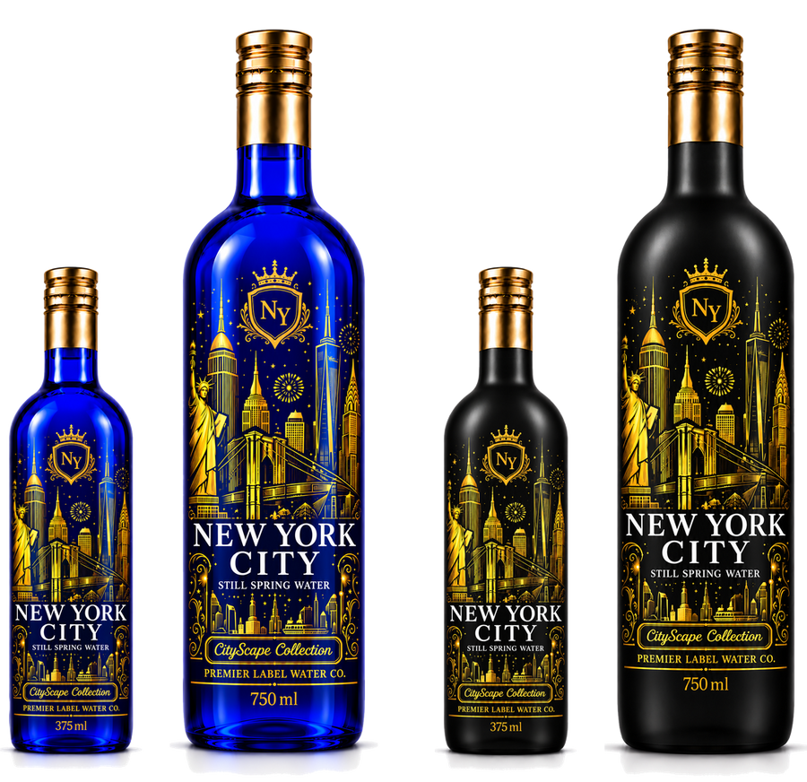 CityScape New York City limited edition glass bottles — 375 ml and 750 ml in cobalt blue and matte black