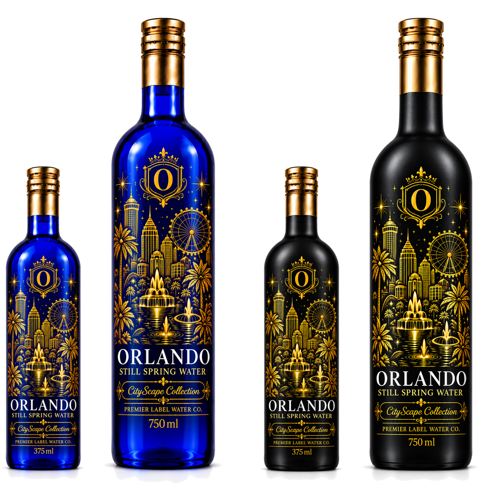CityScape Orlando limited edition glass bottles — 375 ml and 750 ml in cobalt blue and matte black