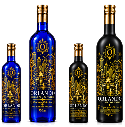 CityScape Orlando limited edition glass bottles — 375 ml and 750 ml in cobalt blue and matte black