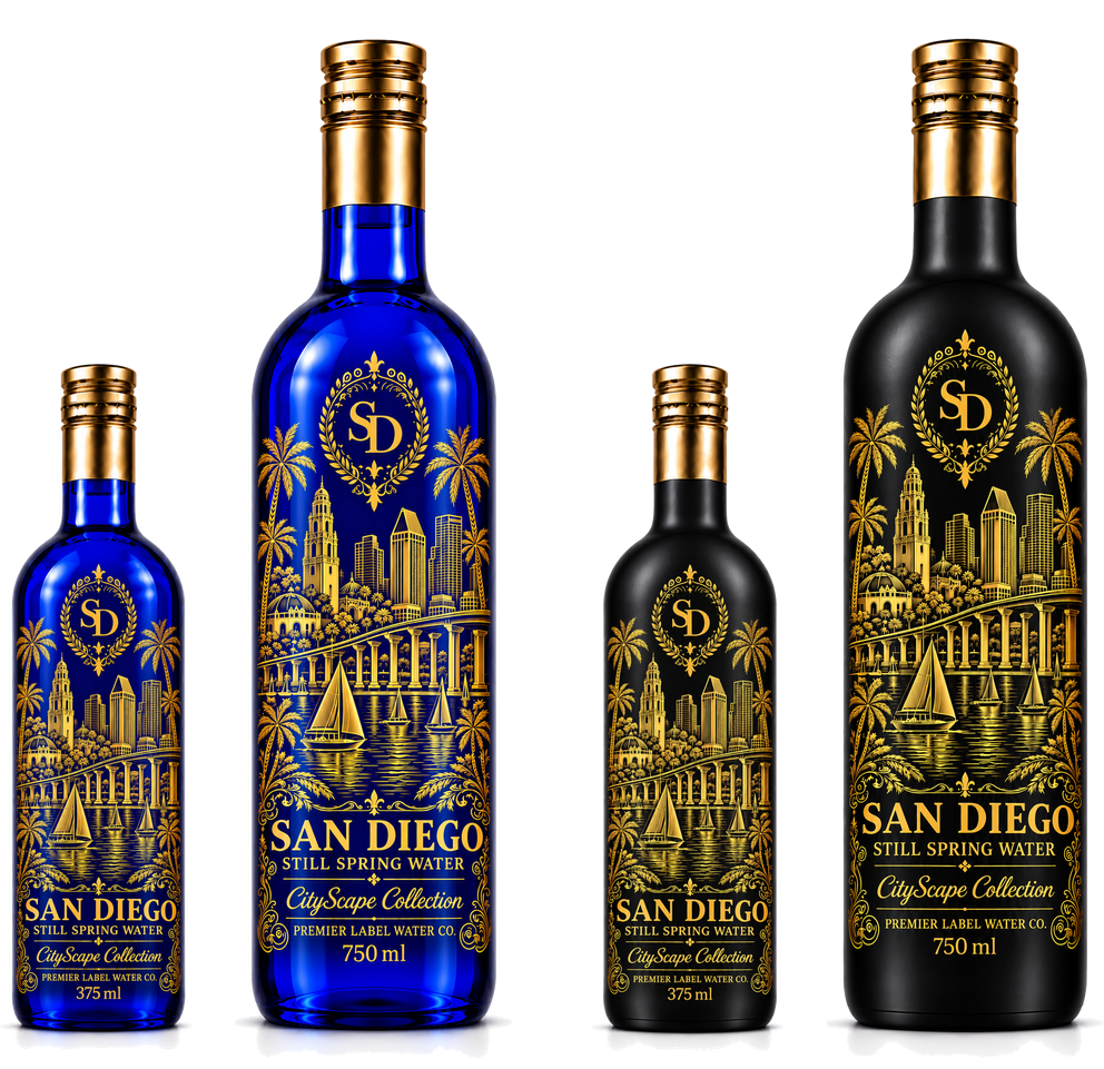 CityScape San Diego limited edition glass bottles — 375 ml and 750 ml in cobalt blue and matte black