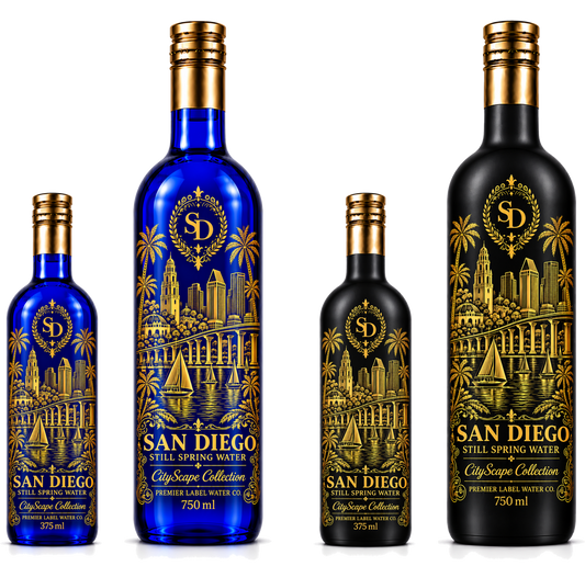 CityScape San Diego limited edition glass bottles — 375 ml and 750 ml in cobalt blue and matte black