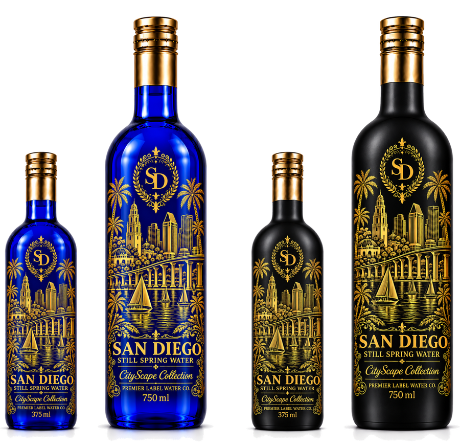 CityScape San Diego limited edition glass bottles — 375 ml and 750 ml in cobalt blue and matte black