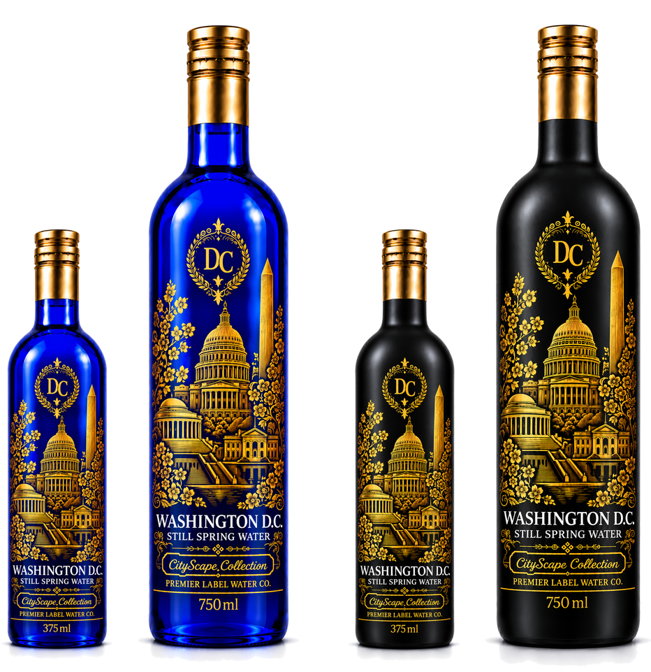 CityScape Washington D.C. limited edition glass bottles — 375 ml and 750 ml in cobalt blue and matte black