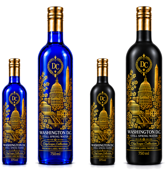 CityScape Washington D.C. limited edition glass bottles — 375 ml and 750 ml in cobalt blue and matte black
