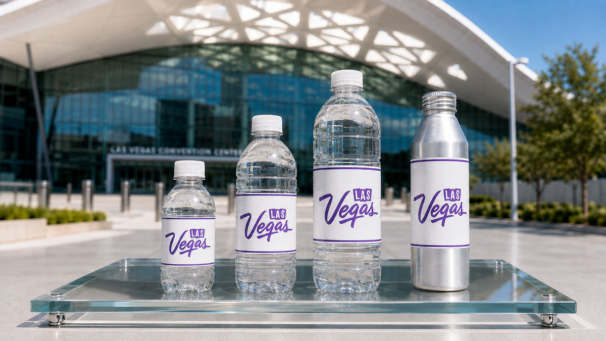 Las Vegas branded bottled water in PET and aluminum outside the Las Vegas Convention Center